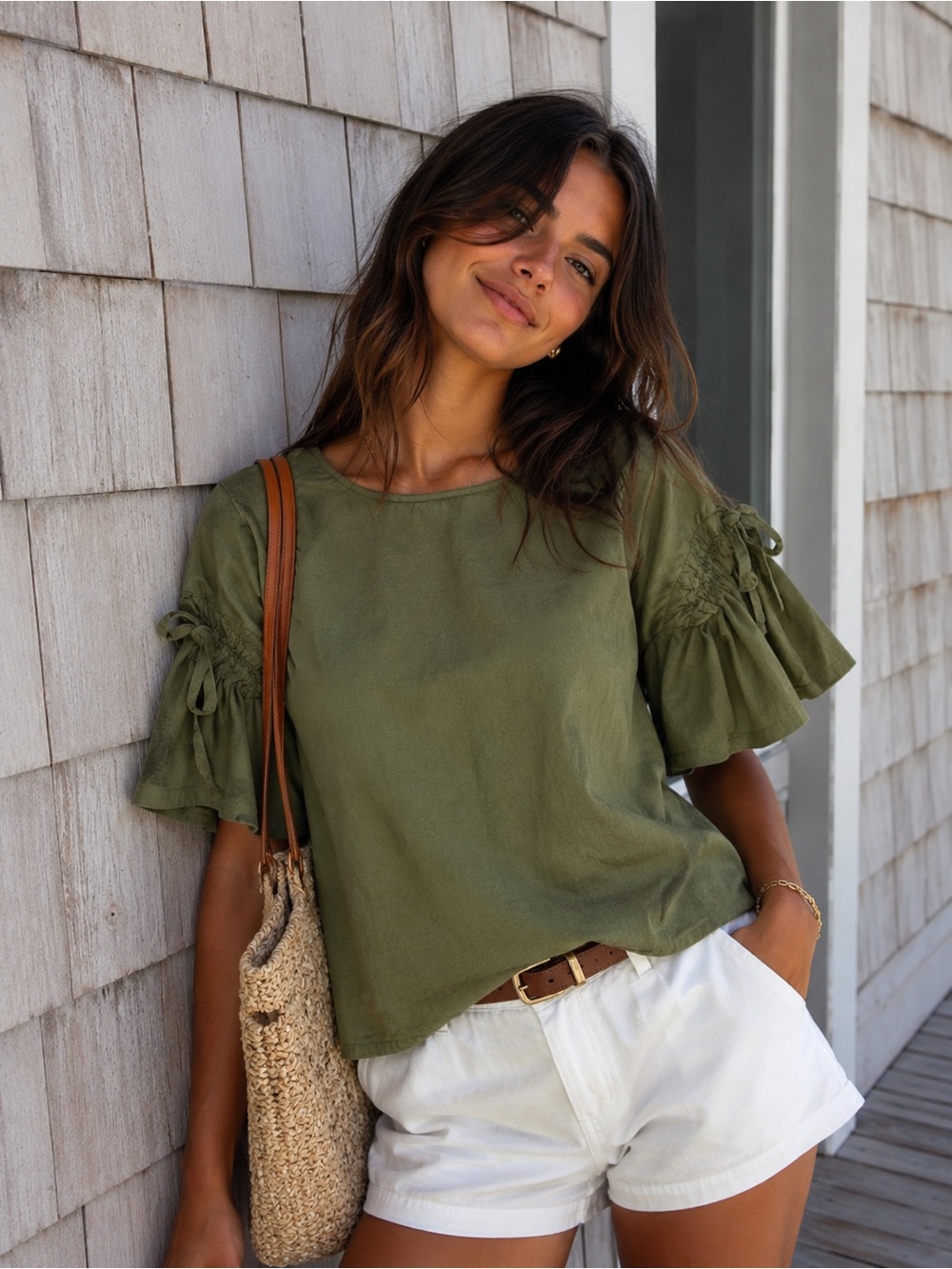 Lou & Grey Olive Green 100% Cotton Blouse Large Ruffle Tie Sleeve Boho Top